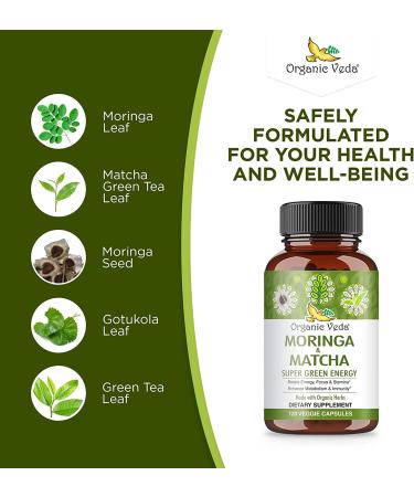 Organic Veda Moringa & Matcha Green Tea Vitamins - 120 Veggie Capsules for Energy Boost, Focus, Stamina, Metabolism & Immune Support - Buy Online on SooperMarket.com
