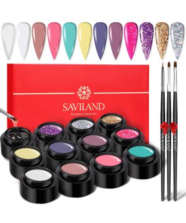 Saviland Builder Nail Gel Kit - 12 Colors Nail Extension Gel Kit Nail Strengthen Manicure Set with Nail Forms 3Pcs Nail Brush for Nails DIY Nail Art Supplies B-Sequins Series
