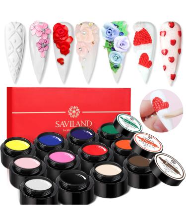 Saviland 3D Sculpture Gel Set - 12 Colors New Upgraded Carving Gels Nail Polish for 3D Gel Nail Art Decoration DIY Painting Carved Flowers Design Modeling Tool