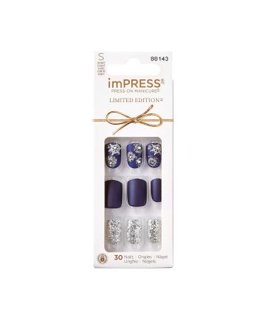 KISS imPRESS Limited Edition Holiday Press-On Manicure with PureFit Technology  Short Length  Square Shaped  Blue Press-On Nails  Style 'Feeling Pine