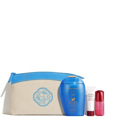 Shiseido Ultimate Active Sun Protection Set - Includes Ultimate Sun Protector Lotion SPF 50+ (150 mL)  Clarifying Cleansing Foam  Ultimune Power Infusing Concentrate & Reusable Pouch
