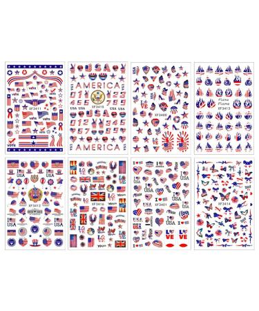minkissy American Flag Nail Art Stickers - 8 Sheets 4th of July Independence Day Nail Art Decals National Day Manicure Decals for Memorial Day Women Girls