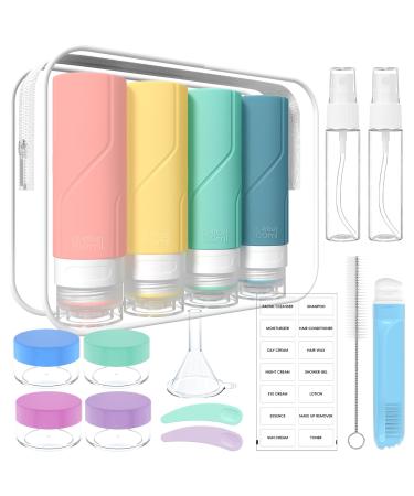 100ml x 4 silicone travel bottles set - travel bottles for filling toilet items 17 pieces portable travel container for shampoo lotion leakproof refilled TSA tested and bpa free 100ml pink yellow green blue