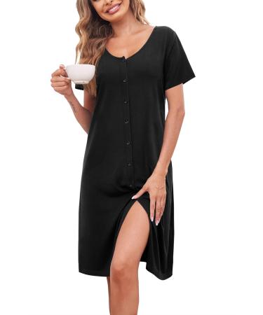 Ekouaer Women Nighties Short Sleeve Above Knee Soft Nightdress Button Down Nighties Ladies loose Sleepwear Summer Loungwear with Pockets L Black