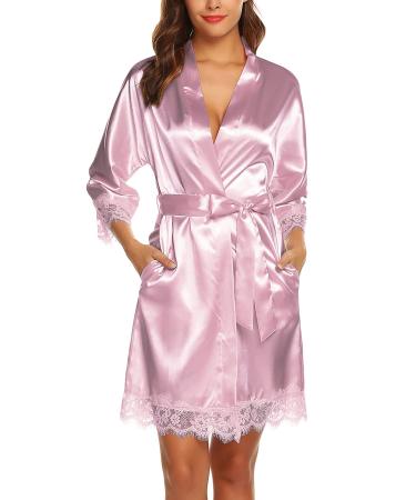 BESDEL Women's Satin Silk Bathrobe Oblique V-Neck Short Kimono Robe Bridesmaids Robe XS Leather Pink