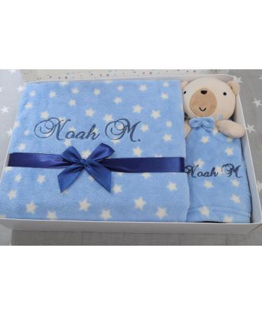 BotoBaby Personalized Baby Gift Set - Custom Embroidered Blanket & Comforter for Birth/Baptism - Blue Teddy Bear - Buy Online on SooperMarket.com