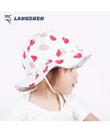 LANGZHEN Baby Girls Sun Protection Hat with Chin Strap | Adjustable Toddler Kids Wide Brim Play Hat | White -Strawberry 6-12 Months - Buy Online on SooperMarket.com