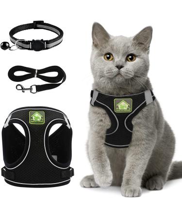 Adjustable cat dishes breakout adjustable cats dishes with a leash soft inner lining and breathable mesh reflective tableware set for outdoor training S (black)