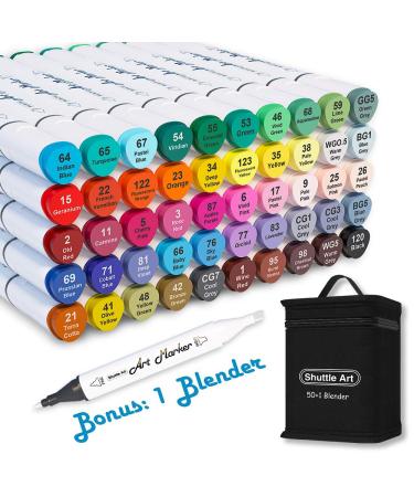 Shuttle Art 51 Colors Dual Tip Alcohol Based Art Markers, 50 Colors plus 1 Blender Permanent Marker Pens Highlighters with Case Perfect for Illustration Adult Coloring Sketching and Card Making