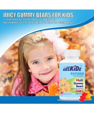 allKiDz Multivitamin Gummy Bears for Kids Children Complete Multi Vitamin Mineral Supplement 11 Essential Nutrients Including Folate Vitamin A B C D3 E and Zinc for Immune Health Natural Fruit Flavours Bear Gummies 110 Count - Buy Online on SooperMarket.com