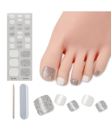 Semi Cured Gel Nail Strips Toenail Wraps Soft Self-Adhesive Gel Pedicure Stickers Salon-Quality Long Lasting Easy to Apply & Remove (Glitter & White)