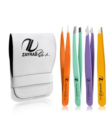Zayraz Tweezers Set - Professional Eyebrow Tweezers Set of 4 for women -Tweezers for Ingrown Hair  Facial Hair and Splinter Blackhead Removal - Tweezers Kit for Daily Beauty Best girls gift Multi