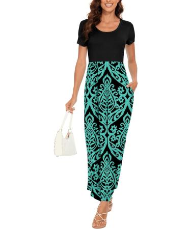 YUNDAI Women's Maternity Maxi Dress | Floral Loose Long Summer Dress with Pocket | Plus Size Short Sleeve | Blue Green - Size L - Buy Online on SooperMarket.com