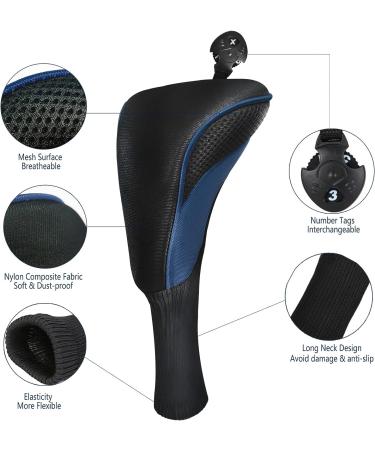 Golf Club Head Covers Set - 3 Pieces with Interchangeable Tags for Fairway Woods, Driver, Hybrids - Long Neck Mesh Design - Golf Accessories for Men and Women - Black Blue - Buy Online on SooperMarket.com