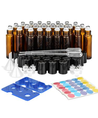 ComSaf Glass Essential Oil Roller Bottles, Set of 24, 10ml Amber Glass Bottles with Stainless Steel Roller Balls, Leakproof Essential Oil Container Kits with Labels, Dropper, for Facial Body Care