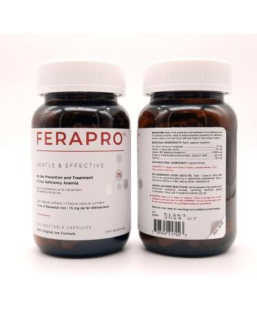 FERAPRO 75MG 100 CAPS | Vegan Iron Supplement | With Vitamin C 175mg Methylcobalamin 1000mcg 5-MTHF 80mcg and Glycine 100mg - Buy Online on SooperMarket.com