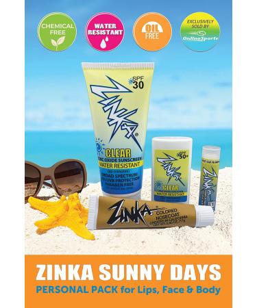 Zinka Sunny Days SPF 30/50 Sunscreen - Water Resistant Oil Free UVA & UVB Protection for Face Body & Lips | Personal Pack (Nosecoat Lotion Face Stick Lip Balm - Buy Online on SooperMarket.com