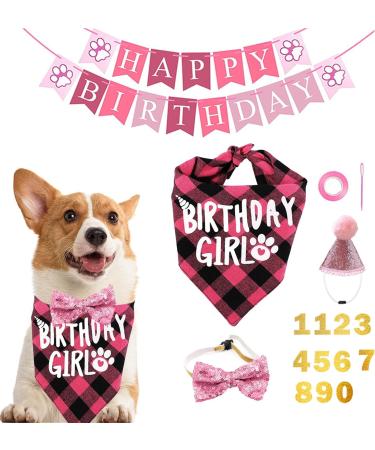 Dog Birthday Kit Dog Birthday Hat Bow Tie Band Pull Flag Scarf Number Stickers Cute Puppy Kitten Party Kit Reusable Suitable for Small Medium and Large Dog Pets(pink) - Buy Online on SooperMarket.com