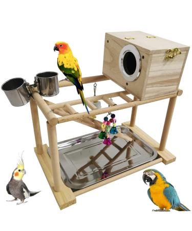 kathson Parrots Playground Bird Playstand Birdcage Play Stand Wood Perch Gym Playpen with Parakeet Nest Box Ladder Feeder Cups Chewing Toys Exercise Activity Center for Conure Cockatiel Lovebirds