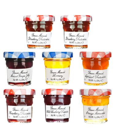 Gift Box of 8 Gourmet French Preserves, 1 oz. Mini Jars: 2 Strawberry Preserves and 1 each of Raspberry Preserves, Muscat Grape Jelly, Honey, Apricot Preserves, Wild Blueberry Preserves & Orange Marmalade