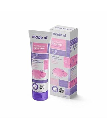Baby Sunscreen Organic SPF 30 by MADE OF - Zinc Oxide Sunscreen - EWG Sunscreen Rated 1 & NSF Organic SPF - Made in USA - 4oz - (Fragrance Free, 1-Pack) Fragrance Free 4 Fl Oz (Pack of 1)