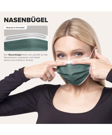 Dark Green Disposable Face Masks - 100 Pack | Made in Germany | CE Certified, Type IIR | Breathable Triple Layer, 99.78% Filtration | Elastic Earloops, Adults | 17.5cm x 9.5cm - Buy Online on SooperMarket.com