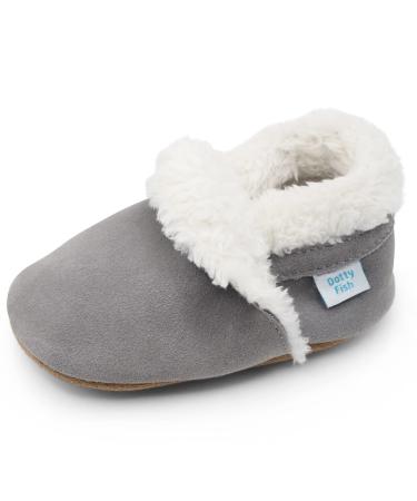 Dotty Fish Suede Baby Slippers. Warm Fleece Lined. Infant Toddler Shoes. Non-Slip Soft Sole. Boys Girls. 0-6 Months - 5-6 Years 2-3 Years Pale Grey