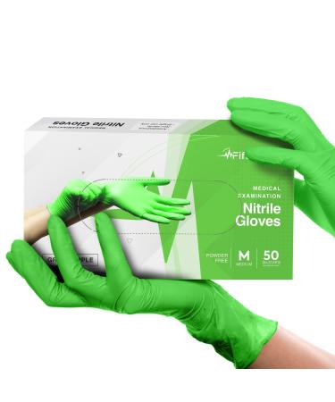 FifthPulse Green Nitrile Disposable Gloves - 50 Count - 3 Mil Nitrile Gloves Medium - Powder and Latex Free Rubber Gloves - Surgical Medical Exam Gloves - Food Safe Cooking Gloves