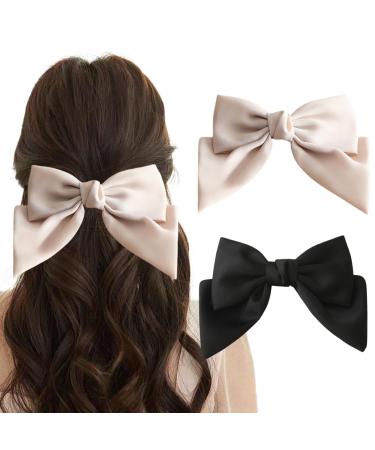 Ypkia 2 Pcs Hair Bows Clip Women's Hair Barrette With Satin Bow Hair Clip Hair Accessories For Women Girls (Black Beige)