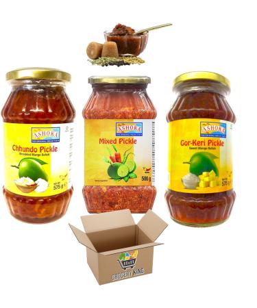 Assorted Pickle Variety Bundle: Ashoka Mixed Pickle 500g + Gor Keri Pickle 500g + Chhundo Pickle 500g (1.5Kg)