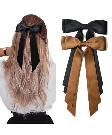2PCS Silky Satin Hair Bows Hair Clip Black Hair Ribbon Ponytail Holder Accessories Slides Metal Clips Hair Bow for Women Girls Toddlers Teens Kids (Black+Coffee)