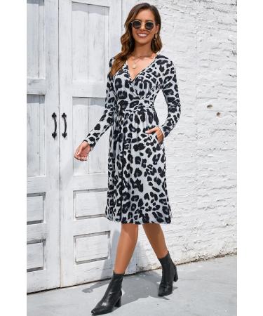OUGES Women's Spring Casual Midi Dress - Long Sleeve V-Neck Floral Wrap Dress with Pockets - Buy Online on SooperMarket.com