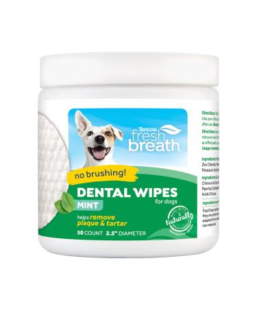 TropiClean Fresh Breath No Brushing Clean Teeth Dental & Oral Care Dental Wipes for Dogs, 50ct - Teeth Cleaning Wipes - Helps Wipe Away Plaque & Tartar - Freshens Breath - No Brushing Required 50 ct