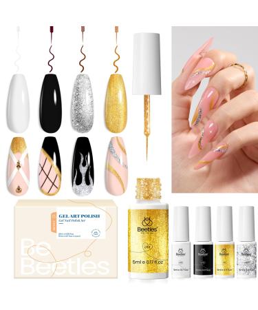 beetles Nail Art Liner Gel Polish Set 4 Pcs Neutral Classic Glitter Reflective Colors Swirl Manicure Design Shiny Gold Silver Black White Decoration Holiday Party Gifts for Women Girls Classic Gold Silver Black White