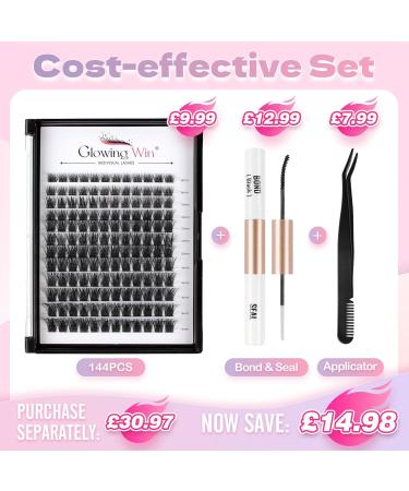 Glowing Win DIY Cluster Lashes Set - 144PCs Individual Eyelash Extensions with Bond Sea & Tweezers | 8-16mm Natural Fake Lashes - Buy Online on SooperMarket.com