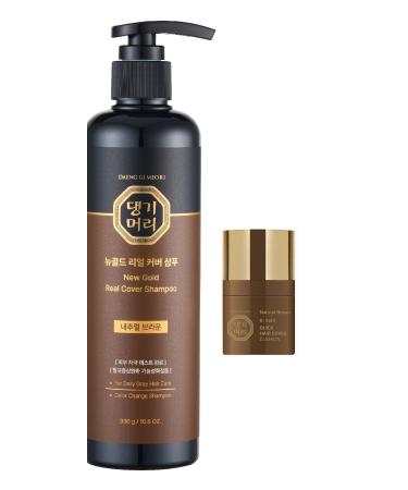Daeng Gi Meo Ri - New Gold Real Cover Shampoo + Ki Gold Quick Hair Cover Cushion (Natural Brown): Korean Hair Care Combo for Gray Hair Darkening & Instant Scalp Coverage
