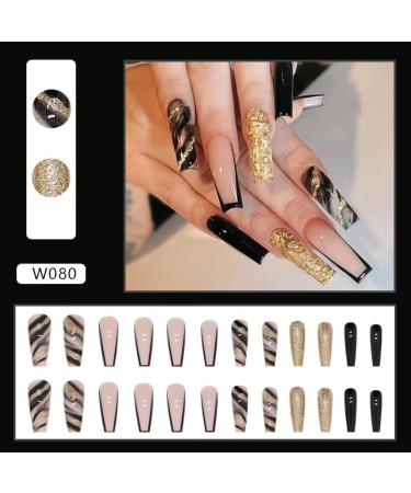 Black Marble French Tip Press On Nails Long with Gold Foil - 24Pcs - Buy Online on SooperMarket.com