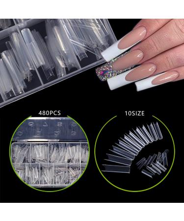 480 Pcs Straight Square Nail Tips | Clear Half Cover C Curve Acrylic & Gel Extension Set - Buy Online on SooperMarket.com