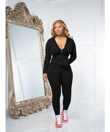 PINSV Women's Two Piece Workout Set - Bodycon Tracksuit with Zip Up Hoodie and Jogger Sweat Pants in Black - Size X-Large - Buy Online on SooperMarket.com
