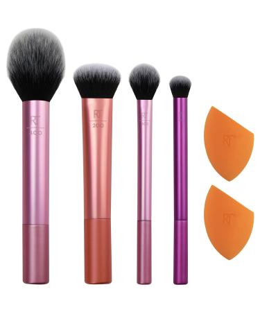 Real Techniques Everyday Essentials Makeup Brush Set with 2 Sponge Blenders, Multiuse Brushes, For Eyeshadow, Foundation, Blush, Highlighter, and Concealer, 6 Piece Makeup Brush Set