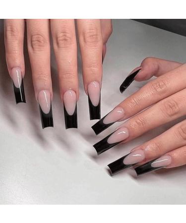 24PCS Long Black French False Nails | Square Full Cover Press On Nails for Women - Jelly Glue Included | Nail Art for Girls - Buy Online on SooperMarket.com
