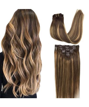 GOO GOO Clip-in Hair Extensions for Women  Soft & Natural  Handmade Real Human Hair Extensions  Chocolate Brown to Caramel Blonde  Long  Straight (4/27)/4  7pcs 120g 16 inches 16 Inch-120g 4/27/4 Balayage Chocolate Bro...