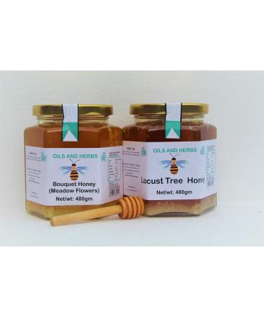 2 FLAVOURS HONEY - 2 different taste Unheated Raw and Certified Honey Meadows flower and locust tree honey Bigger size 1kg by Oils and Herbs UK