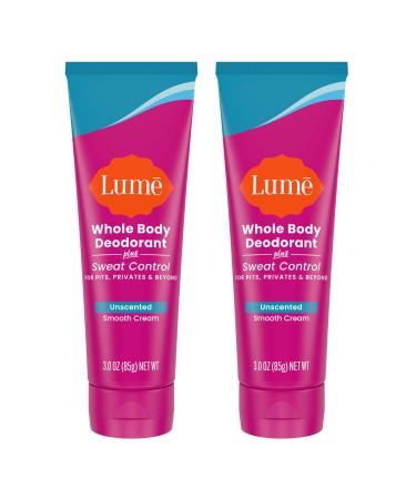 Lume Whole Body Deodorant Plus Sweat Control - Smooth Cream Tube - 72 Hour Odor And Sweat Control - Baking Soda Free Skin Loving - 3.0 ounce (Pack of 2) (Unscented)