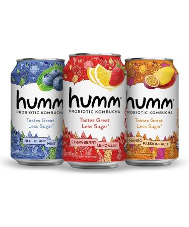 Humm Probiotic Kombucha Best Sellers Variety 12 Pack - Organic, 2 Billion Probiotics for Gut Health - Mango Passionfruit, Blueberry Mint and Strawberry Lemonade 12 Fl Oz (Pack of 12)