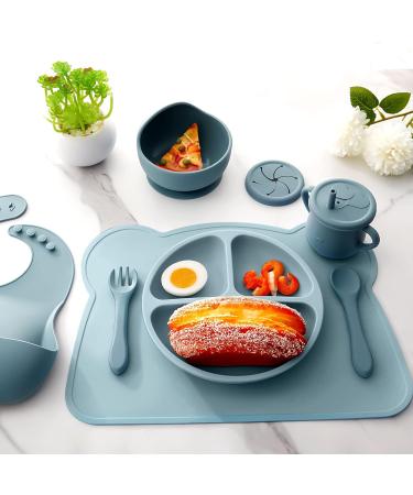 8 Pack Silicone Baby Feeding Set - Divided Plate, Bibs, Suction Bowl, Placemat, Spoon, Fork, Cup with Straw - Toddler Tableware Set (Dusty Blue) - Buy Online on SooperMarket.com