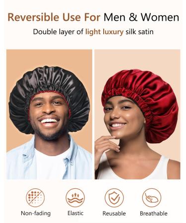 Mikimini Satin-Haube 2 Pack - Adjustable Double-Layer Sleep Silk Hood for Curly Hair & Braids (XL Black/Red) - Non-Slip Design for Men & Women - Buy Online on SooperMarket.com