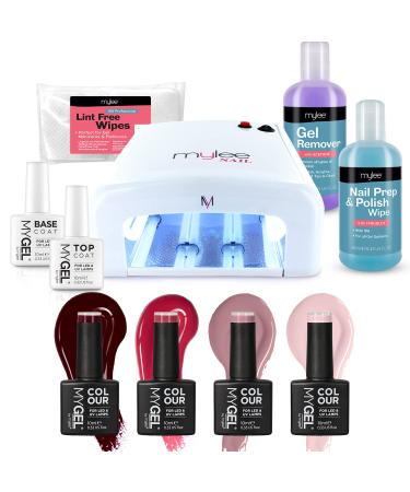 Nail Gel Polish Kit 4 MYGEL Colours Top Base Coat UV Lamp Starter Kit Mylee prep + wipe remover (Kit with White Lamp)
