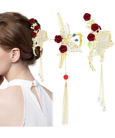 2 Pcs Rose Butterfly Tassel Hair Claw Clips Flower Gold Large Metal Pearl Rhinestone Shark Hair Claw Strong Hold Hair Jaw Hair Clamps Accessories for Women