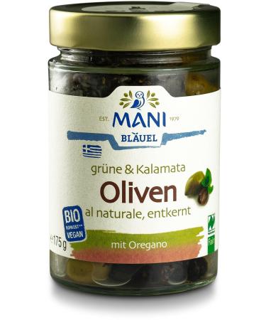 Mani Bl uel Organic MANI Green & Kalamata Olives al naturale pitted (6 x 175 gr) 175 g (pack of 6)